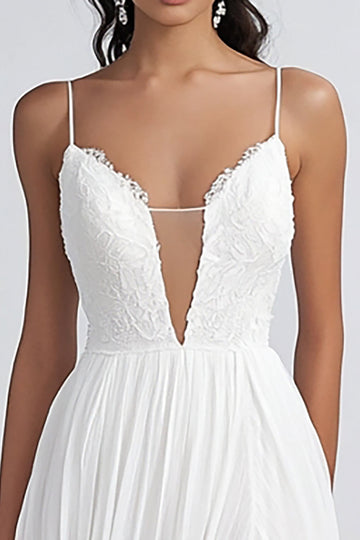 Vit A Line Spaghetti Straps Chiffong Bröllopsklänning Med Slits